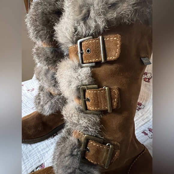 PRIMIGI SUEDE FAUX FUR KNEE-HIGH BUCKLE BOOTS BROWN GRAY BOOTIES GIRL 31 13 12.5 - Picture 4 of 15